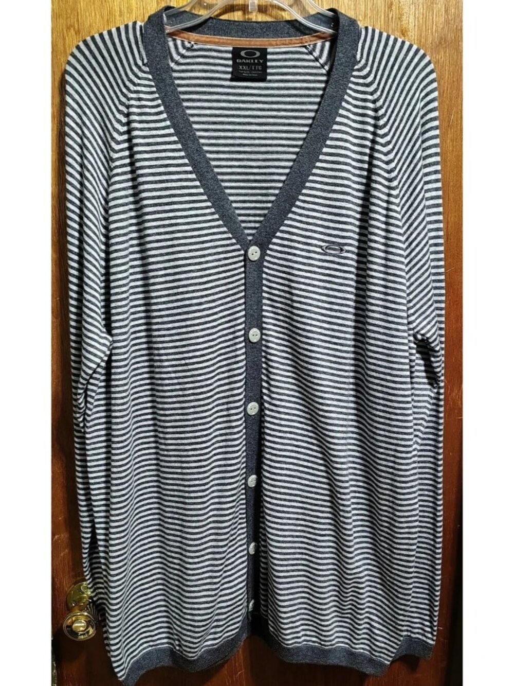 Oakley Gray Stripe Cardigan Sweater XXL 2XL Lightweight Cotton Silk 50s Style
